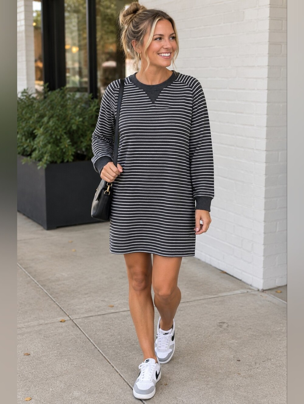 Gray and White Striped Crewneck Sweater Dress
